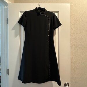 Evan Picone Vintage Black Dress with Mandarin Collar & Rhinestones